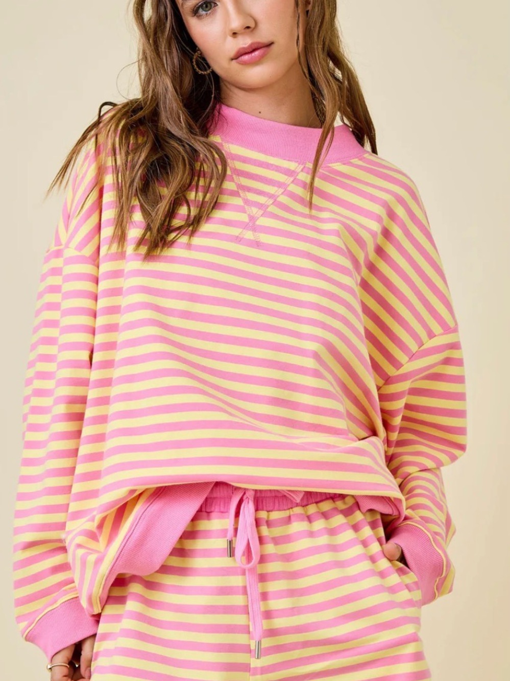 Striped Crewneck Sweater in Pink and Yellow in Junior Sizing